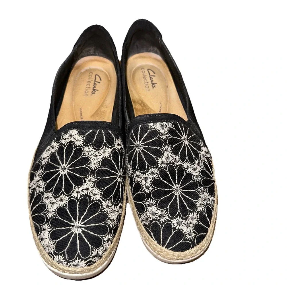 Clarks Collection Embroidered Canvas Slip-On Shoes Elaina Harbor Black Women's 9